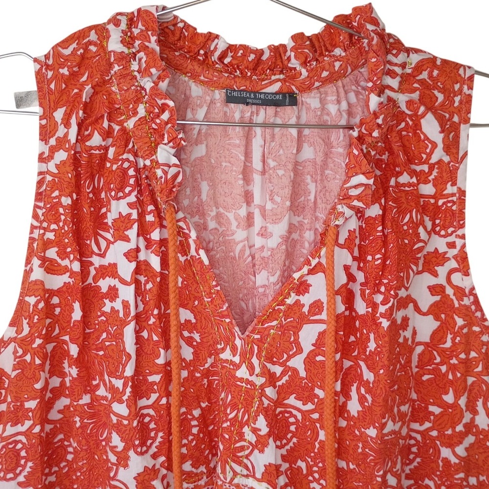 Chelsea & Theodore Orange Floral Tiered Mini Dress Sleeveless Tassel Tie XL - Picture 5 of 14